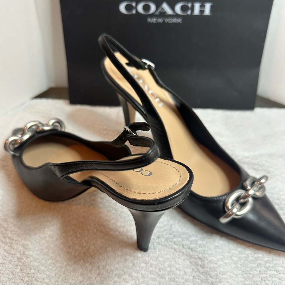 NWOT Coach Black sling back Heels with Silver Chain Accent - Picture 11 of 13